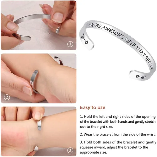 Miniatura 4 de Fesciory - Brazaletes inspiradores y motivadores para mujer, de acero inoxidable, con grabado personalizable y con texto en inglés Keep Going