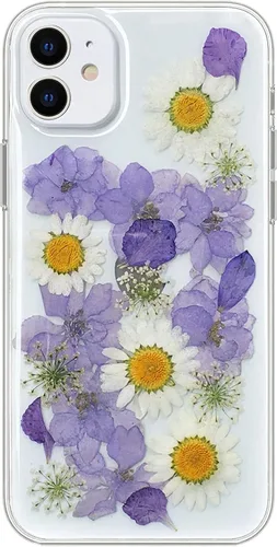 Miniatura 15 de Abbery Funda transparente para iPhone 11 con diseño de flores moradas, bonita funda protectora de silicona suave TPU real seca prensada floral