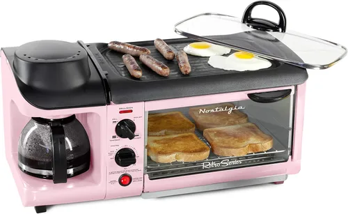 Miniatura 11 de Nostalgia Estación de desayuno retro 3 en 1, incluye cafetera de 5 tazas, plancha de cerámica antiadherente y horno tostador de 4 rebanadas, Rojo