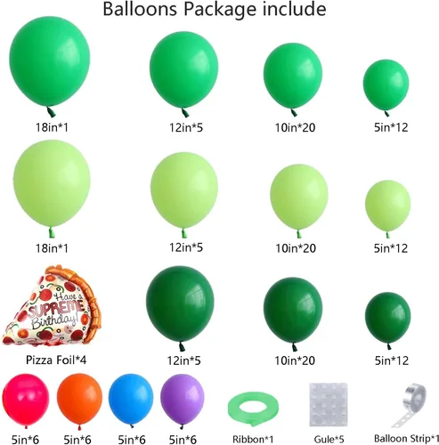 Miniatura 6 de Kit de arco de guirnalda de globos de tortuga verde, globos de látex verde jungla con globo de Mylar de papel de aluminio de pizza para caricaturas