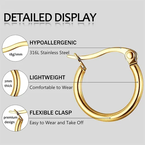 Miniatura 2 de Jstyle 3-4pares de aretes argollas de acero inoxidable, aro de 10mm-50mm para mujer