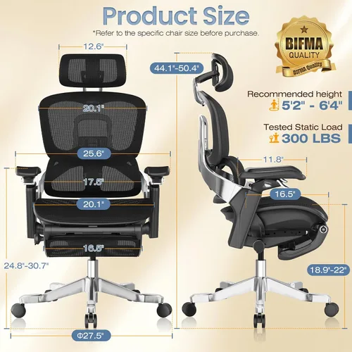 Miniatura 3 de GABRYLLY Silla de oficina ergonómica, silla de escritorio con respaldo alto con reposacabezas, brazos abatibles, bloqueo de inclinación de 90-120°