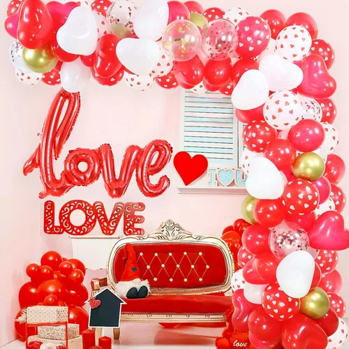 Miniatura 7 de Kit de guirnalda de arco de globos para el día de San Valentín, globos de corazón de confeti rojo y blanco con globo de amor de 40 pulgadas, 300