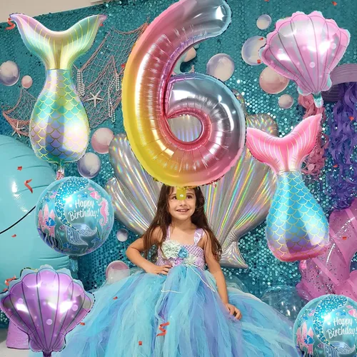 Miniatura 4 de Decoraciones de cumpleaños de sirena número 6, kit de globos de color rosa y azul, globos de cola de globo de mar para niñas, fiesta de sirena, baby