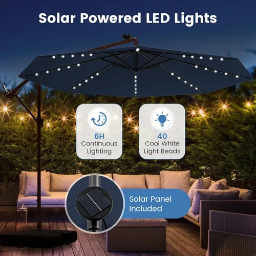 Miniatura 5 de Tangkula Sombrilla de patio de 10 pies con base incluida, sombrilla voladiza para exteriores con 40 luces LED solares, ajuste de inclinación, mango