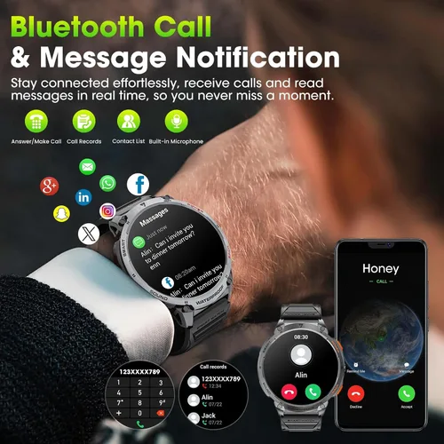 Miniatura 5 de Military Smart Watches for Men, 1.85" HD Large Screen Smart Watch, Flashlight/730mAh/110+ Sports Modes Fitness Tracker Watch, Waterproof Mens Smart