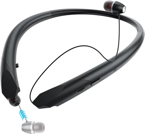 Auriculares Bluetooth con banda para el cuello con cables retráctiles, batería de 24 horas, auriculares inalámbricos IPX5 a prueba de sudor, sonido