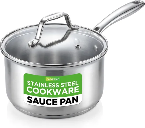 NutriChef Cacerola de acero inoxidable de 2 cuartos – 18/8 de grado alimenticio resistente, olla para salsa, olla de cocción, olla a fuego lento con