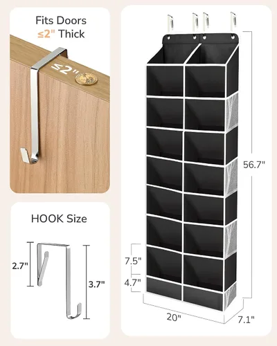 Miniatura 2 de ULG Organizador de zapatos sobre la puerta con 16 bolsillos grandes, zapatero colgante para puerta de armario, almacenamiento de zapatos que ahorra