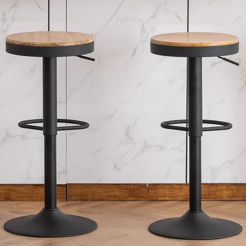 Miniatura 2 de Kidol & Shellder Juego de 2 taburetes de bar negros ajustables giratorios sin espalda, modernos y redondos de madera, sillas de barra de altura sin