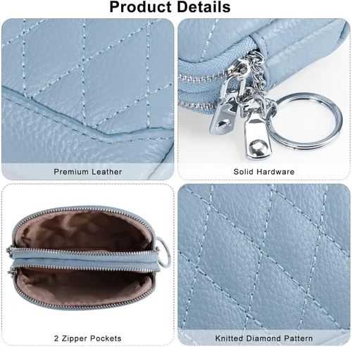 Miniatura 3 de XEYOU Monedero pequeño de piel auténtica con llavero y anillo, Azul, Casual