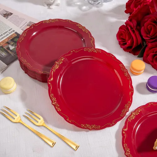 Miniatura 3 de LIYH 100 Platos de Postre de Plástico Burdeos Dorado con 100 Tenedores de Postre Dorados, Platos de Ensalada Rojos Desechables Incluye 100 Platos