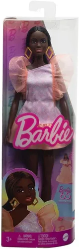 Miniatura 6 de Muñeca Barbie Fashionistas #216 con cuerpo alto y cabello negro en moño bajo en vestido de fiesta rosa y melocotón, juguete coleccionable del 65