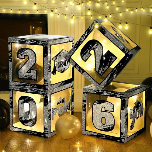 Miniatura 3 de Woanger 44 piezas de decoración de caja de graduación 2026 – Juego de cajas de fiesta de graduación de felicitaciones con cuerdas de luz LED y Negro