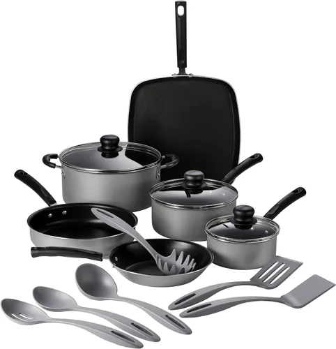 Tramontina Primaware - Juego de utensilios de cocina antiadherentes de 15 piezas con tapas y utensilios, ollas y sartenes antiadherentes de aluminio