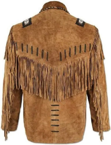 Miniatura 2 de Chaqueta de cuero de gamuza 100% real estilo occidental para la venta de abrigos nativos americanos con flecos, Negro
