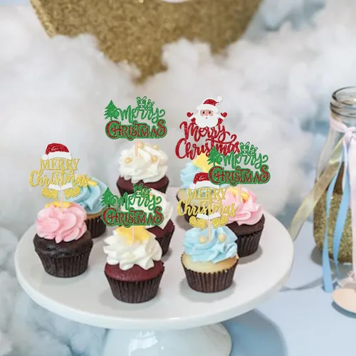 Miniatura 4 de 24 piezas de adornos para cupcakes de Navidad dorados verdes y rojos con purpurina, Papá Noel, árbol de Navidad, adornos para cupcakes para el tema