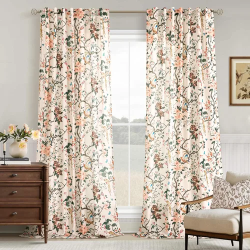 Miniatura 45 de Cortinas de lino florales azules y amarillas, estilo vintage, bohemio, de 63 pulgadas, 2 paneles con pestaña trasera para sala de estar