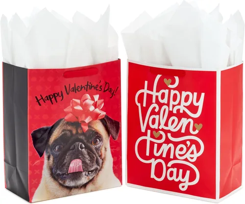 Hallmark Bolsas de regalo grandes de 13 pulgadas para el día de San Valentín con papel de seda (2 bolsas: perro cachorro, guión "Feliz día de San