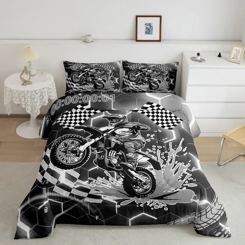 Miniatura 18 de Erosebridal Juego de edredón individual de motocicleta de carreras para niños, juego de ropa de cama de panal con luces de neón azules, motocross