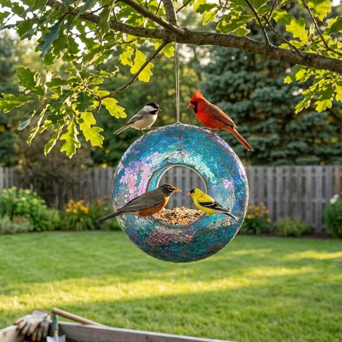 Miniatura 4 de Comedero para pájaros, redondo a prueba de ardillas, diseño de vidrio colgante con vuelo, comedero grande en forma de corona, patrones de mosaico