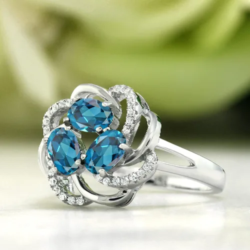 Miniatura 61 de Gem Stone King Flower Blossom Gemstone Birthstone Ring in 925 Sterling Silver 3-Stone Oval 6X4MM with Sparkling Accents Wedding Anniversary