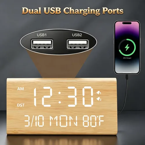 Miniatura 4 de Kogonee Reloj despertador digital de madera, atenuación 0-100%, 2 configuraciones de alarma, modo todos los días/fin de semana, repetición de 9