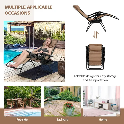 Miniatura 7 de HAPPYGRILL Juego de 2 sillas de gravedad cero para exteriores, relajantes, reclinables, plegables, con portavasos para patio, playa, junto a