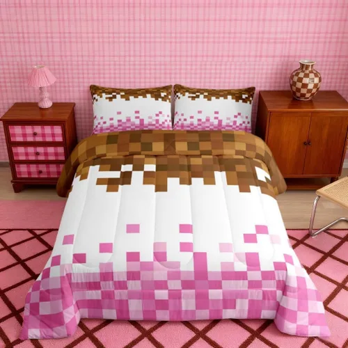 Miniatura 19 de Pixelated Miners - Juego de edredón para niños, tamaño individual, juego de ropa de cama de videojuegos a cuadros geométricos para adolescentes