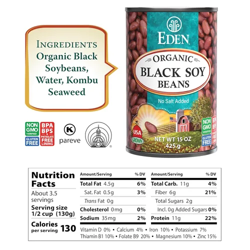 Miniatura 4 de Eden Soja negra orgánica, lata de 15 onzas (paquete de 12), proteína completa, sin sal, sin OMG, sin gluten, vegano, Kosher, cultivado en Estados