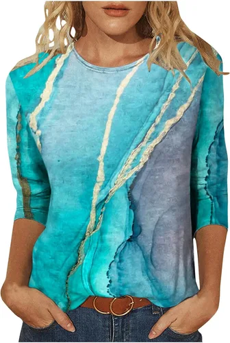 Miniatura 25 de Camisas de manga 3/4 para mujer, blusas casuales de verano 2026, cuello redondo, estampado floral, lindas, blusas holgadas 02 Beige