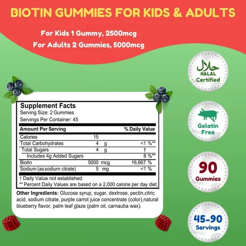 Miniatura 3 de SHIFAA NUTRITION Gomitas veganas de biotina para adultos y niños 90 gomitas 5000 mcg 45 porciones Sin OMG Sin gluten, gelatina, maní, huevo