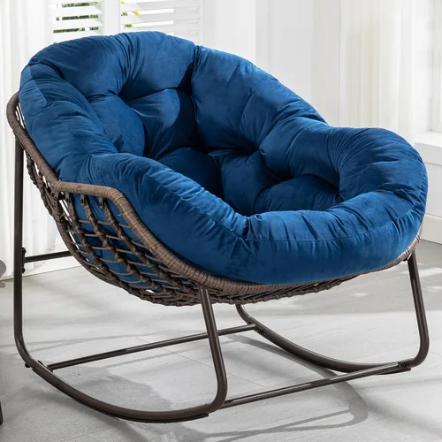 Miniatura 21 de HOMEFUN Juego de 2 mecedoras para patio al aire libre, sillas Papasan Rock de gran tamaño para interiores con cojín acolchado, asiento de huevo