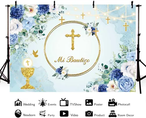 Miniatura 2 de MEHOFOND Telón de fondo Mi Bautizo de 7 x 5 pies, diseño floral azul para la primera comunión, fondo de fotografía de la primera comunión, Santo