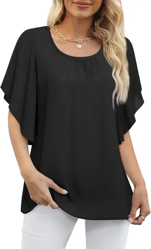 Lotusmile Blusa de gasa con mangas con volantes para mujer, blusa casual elegante