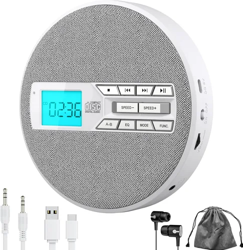 Reproductor de CD portátil, reproductor de CD portátil recargable con altavoces duales y anti salto, CD, USB, AUX, pantalla LCD, botón sensible, 5