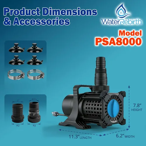 Miniatura 3 de WaterRebirth PSA8000 Bomba de agua dulce resistente, 8500 GPH 600W potente bomba sumergible/en línea, elevación extra alta de 26.3 pies