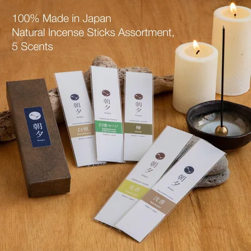 Miniatura 7 de Asayu Japan Variedad de varillas de incienso - 5 fragancias naturales, 20g, 100% hechas en Japón Paquete de muestra de incienso - para yoga