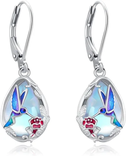 Miniatura 277 de Aretes colgantes de plata de ley con diseño de árbol de la vida, flor, abeja, animales, gato, colibrí, piedra lunar, turquesa, aretes con cierre