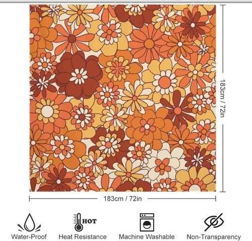 Miniatura 7 de Ohocut Cortina de ducha floral naranja, cortinas de ducha retro bohemias para baño, bonitas cortinas de baño de flores geniales, cortina de ducha