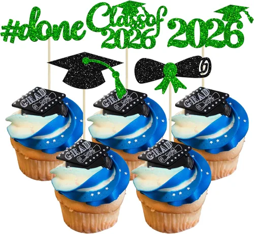 Miniatura 41 de Gyufise 24 piezas Adornos para pastel de graduación 2026 con purpurina negra, clase de 2026, adornos para magdalenas con gorra de graduación