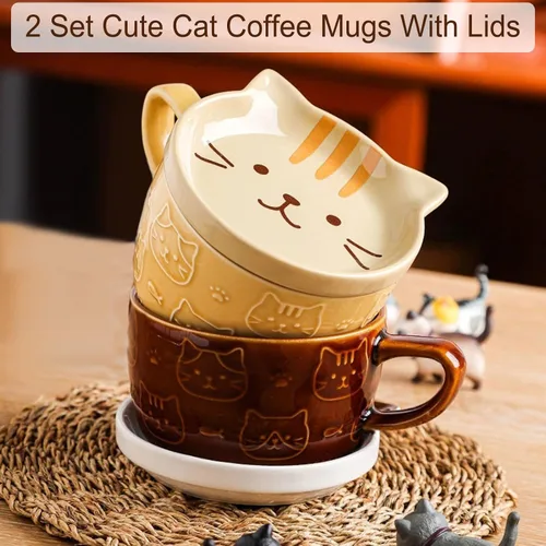 Miniatura 3 de BigNoseDeer 2 tazas lindas de cerámica Kawaii con gato, taza de café con tapa, tazas de té y platillos para postre, regalos lindos para amantes