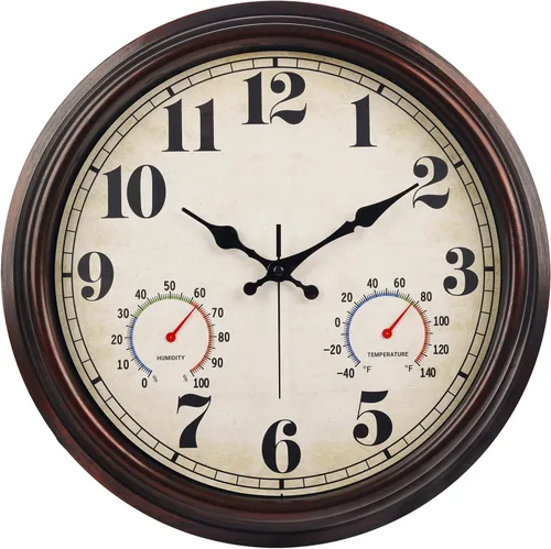 Miniatura 11 de JENLYSTIME Reloj de pared retro impermeable de 12 pulgadas para interior/exterior con termómetro, silencioso, redondo, de cuarzo, funciona con 40