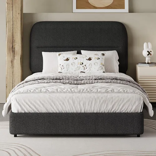Miniatura 18 de HOMBCK - Base de cama tapizada de tejido bouclé con cabecera suave con diseño de esquinas redondeadas, listones de madera, no requiere somier, fácil