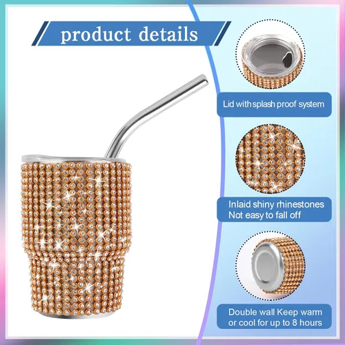 Miniatura 3 de INSTOME Vaso de chupito brillante de 3 onzas, mini tazas con tachuelas de diamantes de imitación con pajitas, brillo similar a un diamante para Oro