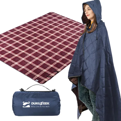 Miniatura 28 de DUKUSEEK - Manta de camping portátil para exteriores con capucha, manta grande plegable para mochileros con capucha para estadios, edredón ligero