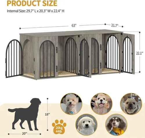 Miniatura 2 de Hzuaneri Mueble jaula para perros de 63" para 2 perros, soporte de TV para perrera de interior resistente, jaula de madera L con divisor para perros