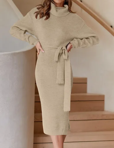 Miniatura 23 de ZESICA - Vestido por debajo de la rodilla de suéter, de cuello alto, para mujer, de manga larga, de punto acanalado, con abertura y cinturón