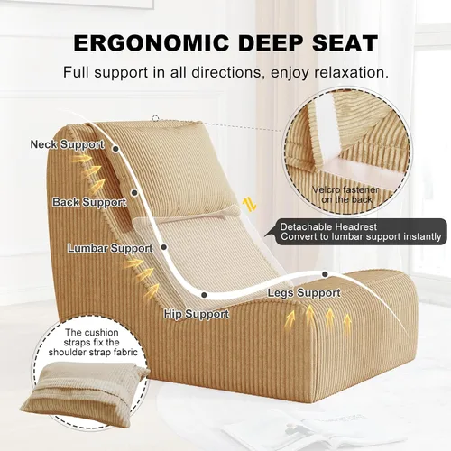 Miniatura 4 de Silla Puf Gigante para Adultos, Tumbona de Pana con Soporte Inigualable para la Espalda, Almohada Cervical Desmontable, Otomana Cómoda y Funda
