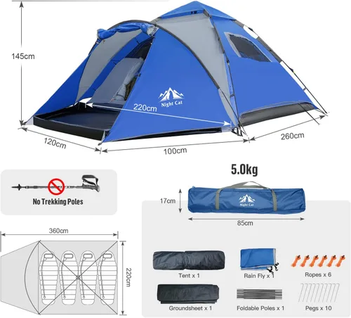 Miniatura 9 de Night Cat Pop Up Tent 2-3 Persons Instant Set Up Tent with Footprint Tarp & Porch, Automatic Double Layer Waterproof Camping Tent with Rainfly Azul